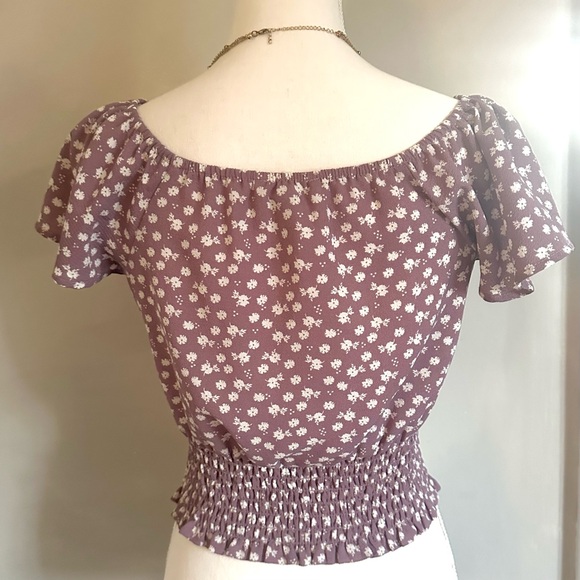 Flutter sleeve sweetheart ditsy floral smocked waist crop top blouse w/ buttons - Picture 3 of 11